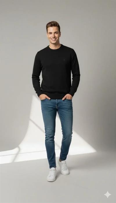 Erkek Bisiklet Yaka Nakış Işlemeli Triko Kazak Yumuşak Dokulu Pamuklu Ince Dokuma, Uzun Kollu Rahat Regular Kalıp - Siyah