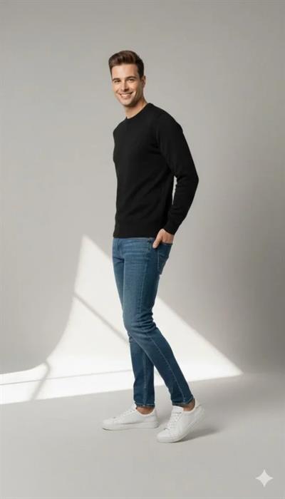 Erkek Bisiklet Yaka Nakış Işlemeli Triko Kazak Yumuşak Dokulu Pamuklu Ince Dokuma, Uzun Kollu Rahat Regular Kalıp - Siyah