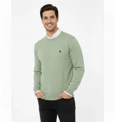 Erkek Bisiklet Yaka Nakış Işlemeli Triko Kazak Yumuşak Dokulu Pamuklu Ince Dokuma, Uzun Kollu Rahat Regular Kalıp - Mint Yeşili