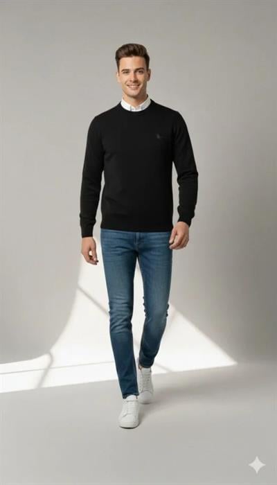 Erkek Bisiklet Yaka Nakış Işlemeli Triko Kazak Yumuşak Dokulu Pamuklu Ince Dokuma, Uzun Kollu Rahat Regular Kalıp - Siyah