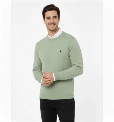 Erkek Bisiklet Yaka Nakış Işlemeli Triko Kazak Yumuşak Dokulu Pamuklu Ince Dokuma, Uzun Kollu Rahat Regular Kalıp - Mint Yeşili