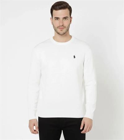 Erkek Bisiklet Yaka Nakış Işlemeli Triko Kazak Yumuşak Dokulu Pamuklu Ince Dokuma, Uzun Kollu Rahat Regular Kalıp - Beyaz