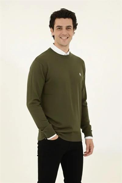 Erkek Bisiklet Yaka Nakış Işlemeli Triko Kazak Yumuşak Dokulu Pamuklu Ince Dokuma, Uzun Kollu Rahat Regular Kalıp - Haki