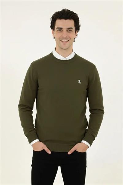 Erkek Bisiklet Yaka Nakış Işlemeli Triko Kazak Yumuşak Dokulu Pamuklu Ince Dokuma, Uzun Kollu Rahat Regular Kalıp - Haki