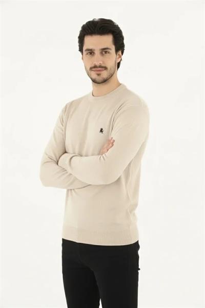 Erkek Bisiklet Yaka Nakış Işlemeli Triko Kazak Yumuşak Dokulu Pamuklu Ince Dokuma, Uzun Kollu Rahat Regular Kalıp - Bej