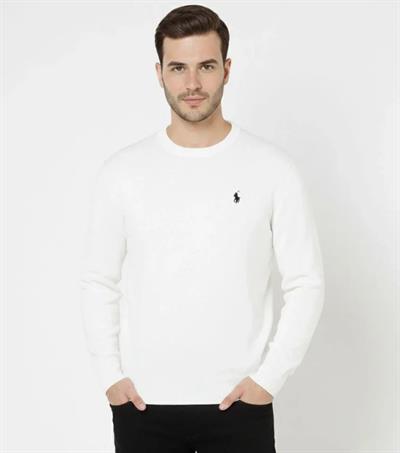 Erkek Bisiklet Yaka Nakış Işlemeli Triko Kazak Yumuşak Dokulu Pamuklu Ince Dokuma, Uzun Kollu Rahat Regular Kalıp - Beyaz