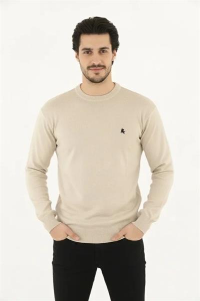 Erkek Bisiklet Yaka Nakış Işlemeli Triko Kazak Yumuşak Dokulu Pamuklu Ince Dokuma, Uzun Kollu Rahat Regular Kalıp - Bej