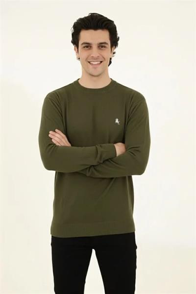 Erkek Bisiklet Yaka Nakış Işlemeli Triko Kazak Yumuşak Dokulu Pamuklu Ince Dokuma, Uzun Kollu Rahat Regular Kalıp - Haki