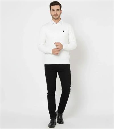 Erkek Bisiklet Yaka Nakış Işlemeli Triko Kazak Yumuşak Dokulu Pamuklu Ince Dokuma, Uzun Kollu Rahat Regular Kalıp - Beyaz