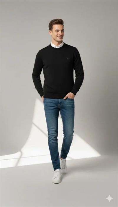 Erkek Bisiklet Yaka Nakış Işlemeli Triko Kazak Yumuşak Dokulu Pamuklu Ince Dokuma, Uzun Kollu Rahat Regular Kalıp - Siyah