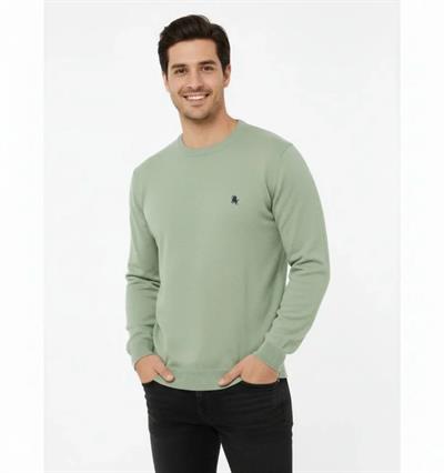 Erkek Bisiklet Yaka Nakış Işlemeli Triko Kazak Yumuşak Dokulu Pamuklu Ince Dokuma, Uzun Kollu Rahat Regular Kalıp - Mint Yeşili