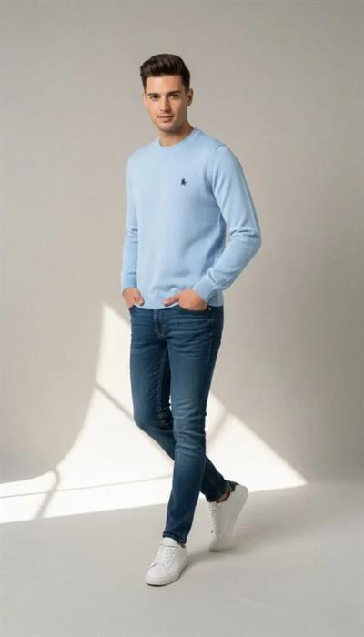 Erkek Bisiklet Yaka Nakış Işlemeli Triko Kazak Yumuşak Dokulu Pamuklu Ince Dokuma, Uzun Kollu Rahat Regular Kalıp - Mavi