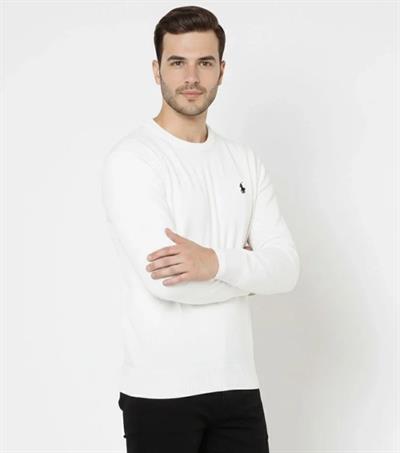 Erkek Bisiklet Yaka Nakış Işlemeli Triko Kazak Yumuşak Dokulu Pamuklu Ince Dokuma, Uzun Kollu Rahat Regular Kalıp - Beyaz