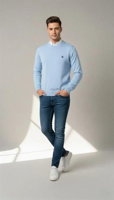 Erkek Bisiklet Yaka Nakış Işlemeli Triko Kazak Yumuşak Dokulu Pamuklu Ince Dokuma, Uzun Kollu Rahat Regular Kalıp - Mavi