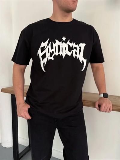 Erkek Bisiklet Yaka Ön Baskılı  Kısa Kollu Tişört Streetwear Günlük Basic Pamuklu T-shirt - Siyah