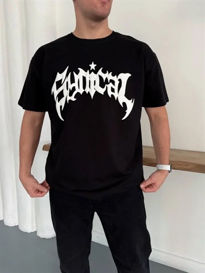 Erkek Bisiklet Yaka Ön Baskılı  Kısa Kollu Tişört Streetwear Günlük Basic Pamuklu T-shirt - Siyah