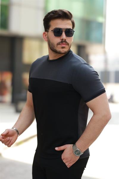 Erkek Bisiklet Yaka Parçalı Renkkısa Kollu Tshirt