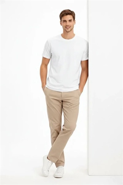 Erkek Bisiklet Yaka Tişört Regular Kalıp Basic Pamuklu Günlük Kullanım T-shirt - Beyaz