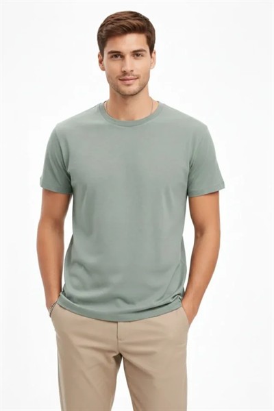 Erkek Bisiklet Yaka Tişört Regular Kalıp Basic Pamuklu Günlük Kullanım T-shirt - Mint Yeşili
