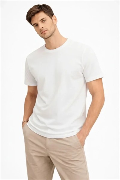 Erkek Bisiklet Yaka Tişört Regular Kalıp Basic Pamuklu Günlük Kullanım T-shirt - Beyaz