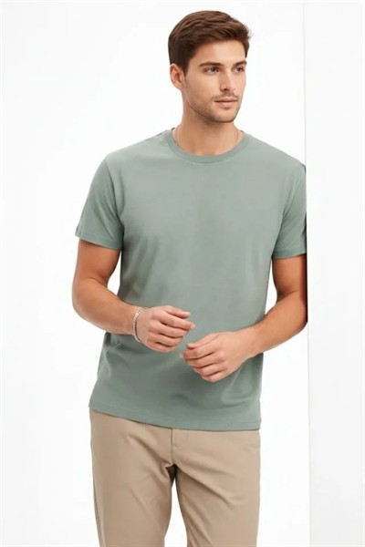 Erkek Bisiklet Yaka Tişört Regular Kalıp Basic Pamuklu Günlük Kullanım T-shirt - Mint Yeşili