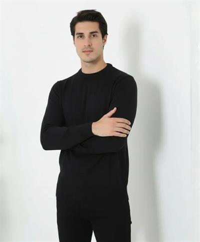 Erkek Bisiklet Yaka Triko Kazak Yumuşak Dokulu Pamuklu Ince Dokuma, Uzun Kollu Rahat Regular Kalıp - Siyah