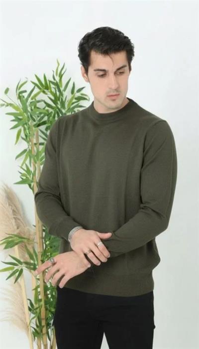 Erkek Bisiklet Yaka Triko Kazak Yumuşak Dokulu Pamuklu Ince Dokuma, Uzun Kollu Rahat Regular Kalıp - Haki