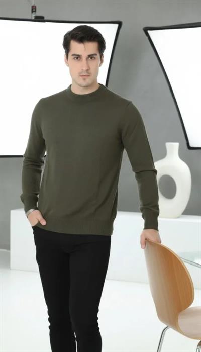 Erkek Bisiklet Yaka Triko Kazak Yumuşak Dokulu Pamuklu Ince Dokuma, Uzun Kollu Rahat Regular Kalıp - Haki