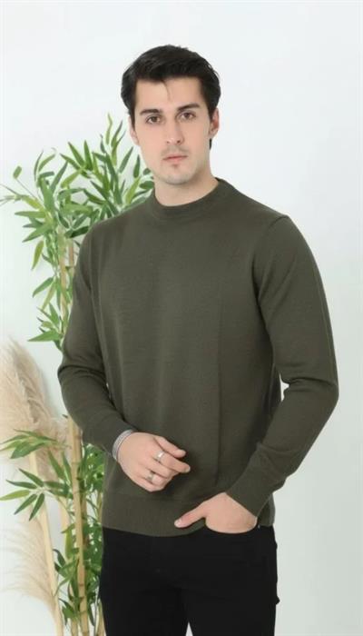 Erkek Bisiklet Yaka Triko Kazak Yumuşak Dokulu Pamuklu Ince Dokuma, Uzun Kollu Rahat Regular Kalıp - Haki