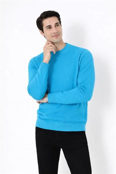 Erkek Bisiklet Yaka Triko Kazak Yumuşak Dokulu Pamuklu Ince Dokuma, Uzun Kollu Rahat Regular Kalıp - Mavi