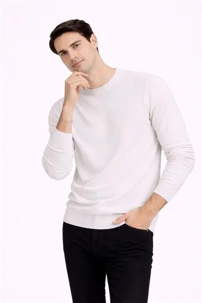 Erkek Bisiklet Yaka Triko Kazak Yumuşak Dokulu Pamuklu Ince Dokuma, Uzun Kollu Rahat Regular Kalıp - Beyaz