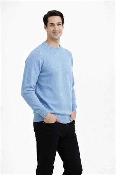 Erkek Bisiklet Yaka Triko Kazak Yumuşak Dokulu Pamuklu Ince Dokuma, Uzun Kollu Rahat Regular Kalıp - Açık Mavi