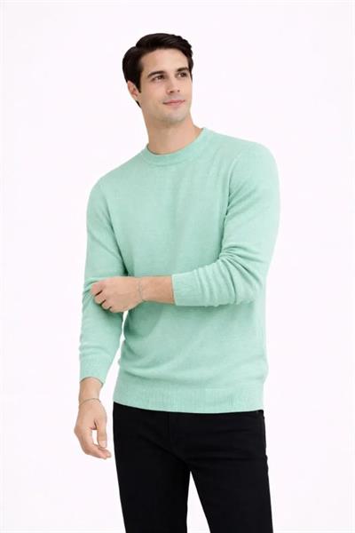 Erkek Bisiklet Yaka Triko Kazak Yumuşak Dokulu Pamuklu Ince Dokuma, Uzun Kollu Rahat Regular Kalıp - Mint Yeşili