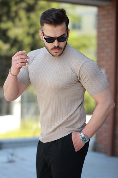 Erkek Bisiklet Yaka örgü Desenli Kısa örme Triko Kısa Kollu T-shirt