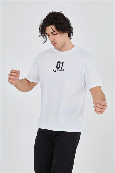 Erkek Bisiklet Yakalı Baskılı T-Shirt - Beyaz