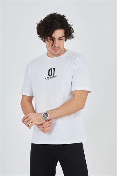 Erkek Bisiklet Yakalı Baskılı T-Shirt - Beyaz