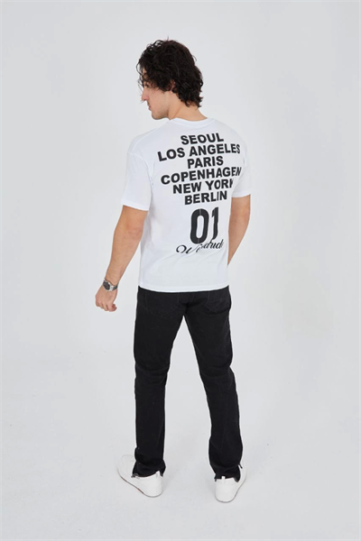 Erkek Bisiklet Yakalı Baskılı T-Shirt - Beyaz