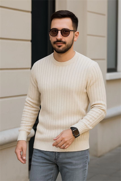 Erkek Bisiklet Yuvarlak Yaka Triko Kazak Pamuklu Kalın Fitilli Dokuma, Regular Fit Uzun Kollu Kışlık Model - Bej