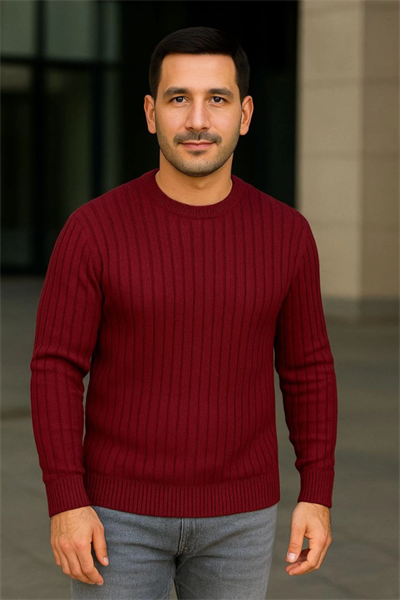 Erkek Bisiklet Yuvarlak Yaka Triko Kazak Pamuklu Kalın Fitilli Dokuma, Regular Fit Uzun Kollu Kışlık Model - Bordo