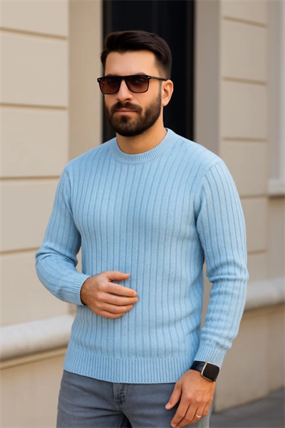 Erkek Bisiklet Yuvarlak Yaka Triko Kazak Pamuklu Kalın Fitilli Dokuma, Regular Fit Uzun Kollu Kışlık Model - Bebe Mavisi