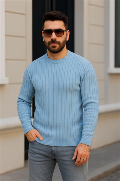 Erkek Bisiklet Yuvarlak Yaka Triko Kazak Pamuklu Kalın Fitilli Dokuma, Regular Fit Uzun Kollu Kışlık Model - Bebe Mavisi