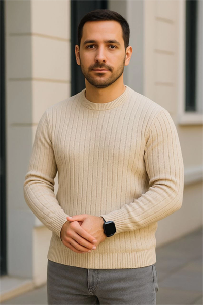 Erkek Bisiklet Yuvarlak Yaka Triko Kazak Pamuklu Kalın Fitilli Dokuma, Regular Fit Uzun Kollu Kışlık Model - Bej