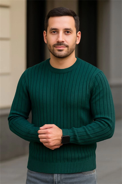 Erkek Bisiklet Yuvarlak Yaka Triko Kazak Pamuklu Kalın Fitilli Dokuma, Regular Fit Uzun Kollu Kışlık Model - Haki