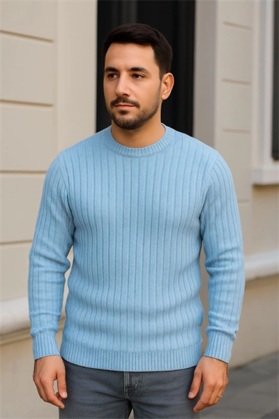 Erkek Bisiklet Yuvarlak Yaka Triko Kazak Pamuklu Kalın Fitilli Dokuma, Regular Fit Uzun Kollu Kışlık Model - Bebe Mavisi