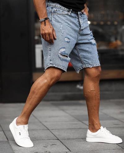 Erkek Buz Mavi Yırtık Detaylı Kot Şort