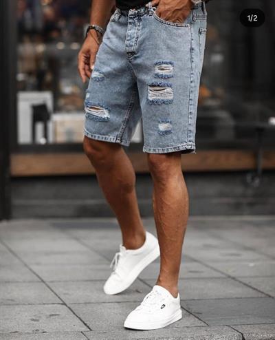 Erkek Buz Mavi Yırtık Detaylı Kot Şort