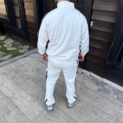 Erkek Çift Şeritli Eşofman Takım Dik Yaka Fermuarlı Sweatshirt Boru Paça Alt, Oversize 3 Iplik Pamuklu - Beyaz