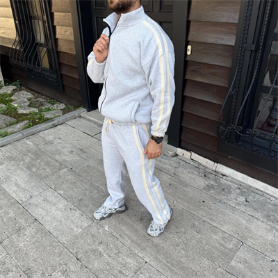 Erkek Çift Şeritli Eşofman Takım Dik Yaka Fermuarlı Sweatshirt Boru Paça Alt, Oversize 3 Iplik Pamuklu - Gri