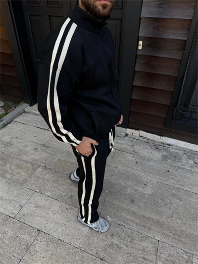 Erkek Çift Şeritli Eşofman Takım Dik Yaka Fermuarlı Sweatshirt Boru Paça Alt, Oversize 3 Iplik Pamuklu - Siyah