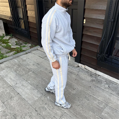 Erkek Çift Şeritli Eşofman Takım Dik Yaka Fermuarlı Sweatshirt Boru Paça Alt, Oversize 3 Iplik Pamuklu - Gri